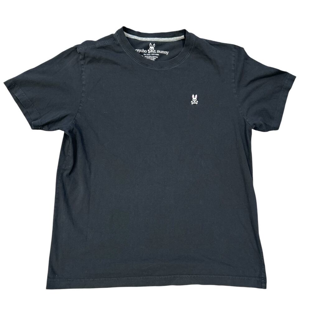 Psycho Bunny Black T-Shirt White Embroidered Bunny & Crossbones Sz. 5 / Medium